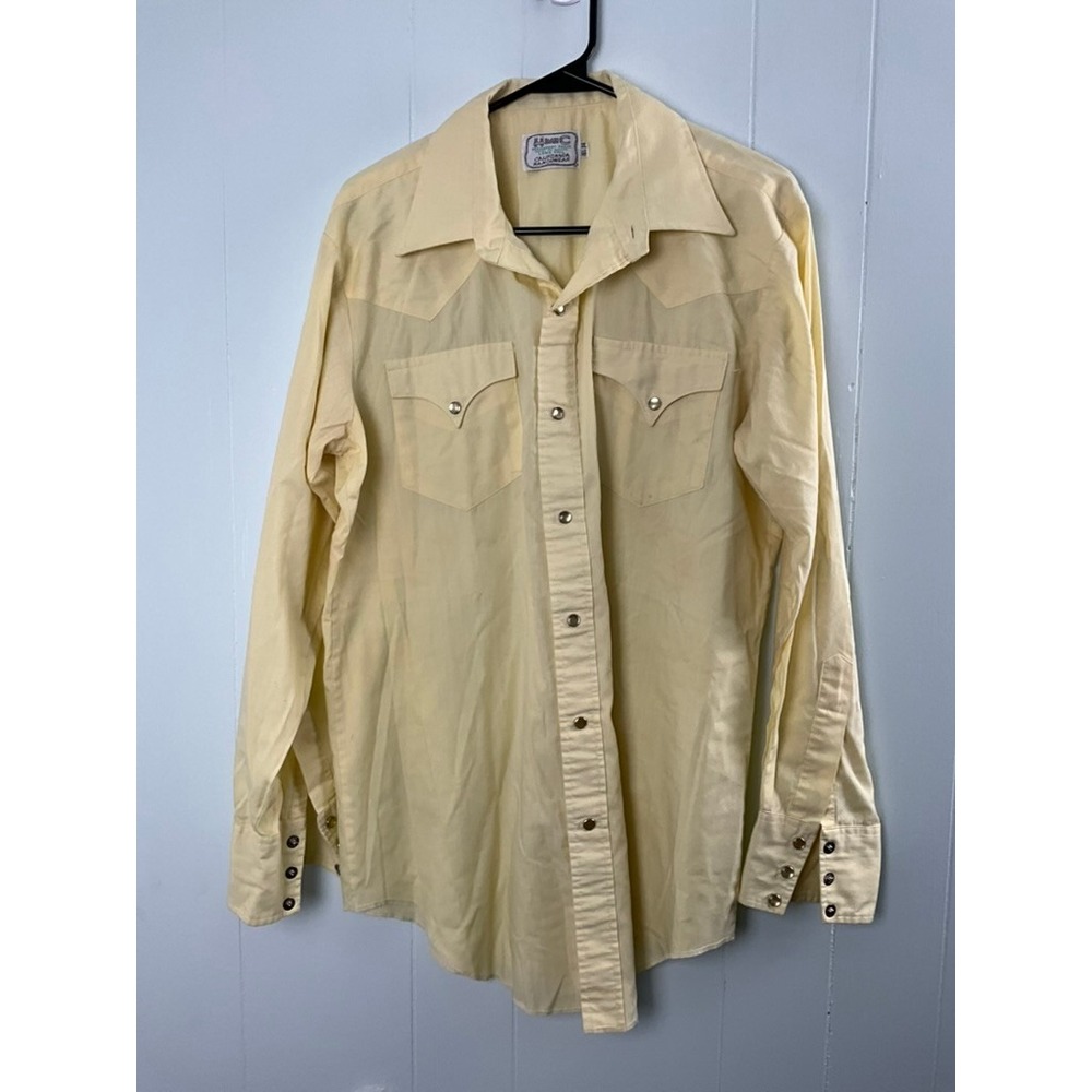H Bar C California Ranchwear Mens Western Pearl Snap Shirt Yellow Long Tail 16.5